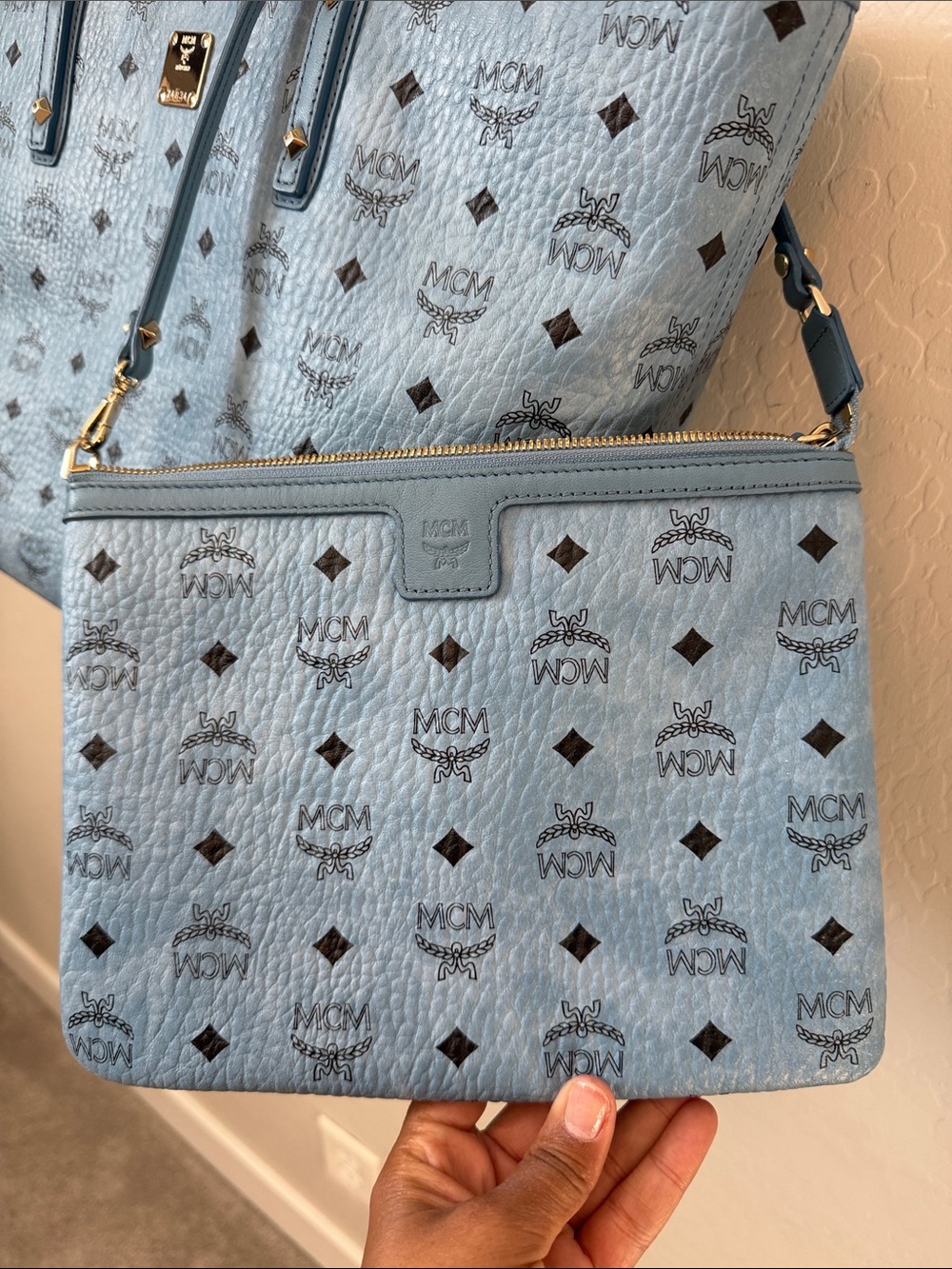 MCM Visetos Shopper Tote with Pouch Denim Blue - Picture 2 of 8